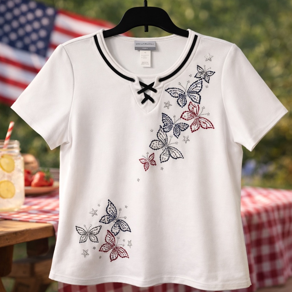 🇺🇸NWOT Alfred Dunner Americana Red Silver Blue Butterfly, Stars Patriotic Top PM